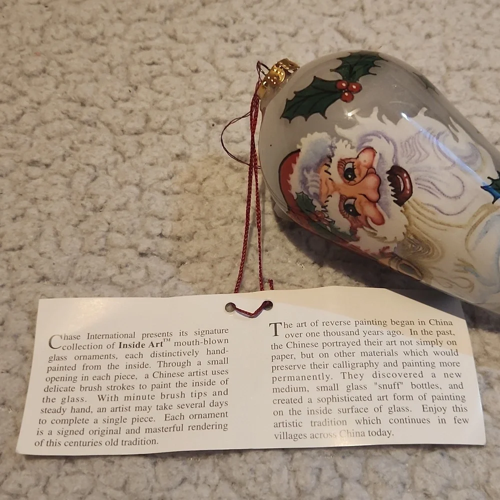 Chase International, Vintage 1999, Santa & Holly, Christmas Blown,  Ornament